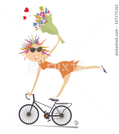 Cycling young woman. Bicycle and bunch of flowers. Happy young woman in sunglasses rides a bicycle and holds a bunch of flowers 107275162