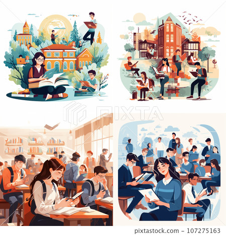 Students studying and preparing for examination. Set of young woman and man smiling student studying.  107275163