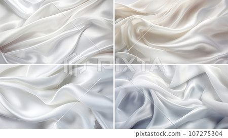 Silver white shiny material with folds in draped silk or satin material  design, luxury white background in wavy rippled cloth with smooth metallic  fabric texture Stock Illustration