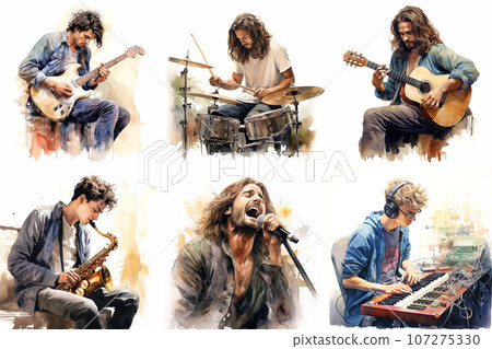 Men painted in watercolor. Set of Artistic portrait of a playing violin, flute, cello, piano. 107275330