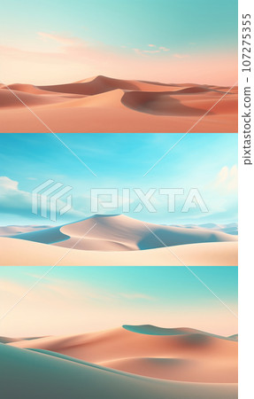 Set of panorama of dunes in a sandy desert, sand dunes under a blue sky, 3D rendering. 107275355