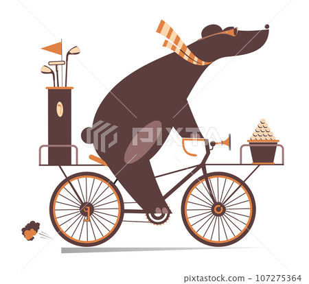 Bear on the bicycle goes to play golf.  Cartoon bear with golf clubs and balls is on the way to the golf course on the bicycle 107275364
