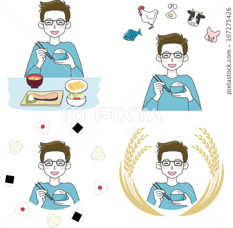 Illustration set of a man eating delicious food Illustration set of a man eating delicious food 107275426