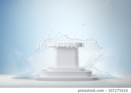 Podium with water splash. Mock up for product, cosmetic presentation. Pedestal or platform for beauty products. Empty scene. Stage, display, showcase. Podium with copy space. Generative AI. 107275816