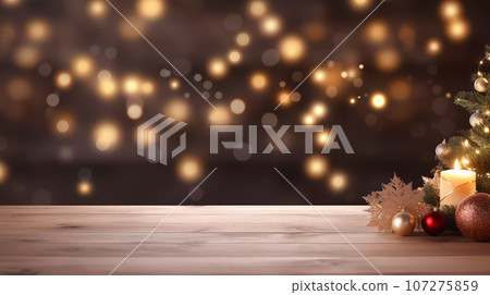 Table Top with Blurred Cosy Christmas Home Interior Background 107275859