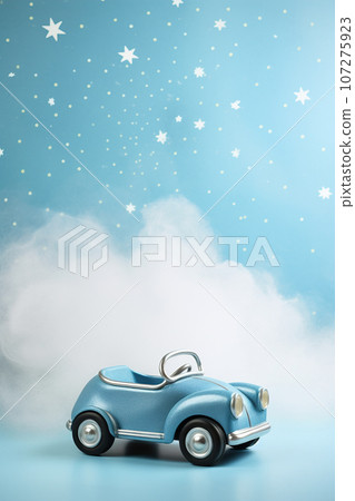 Blue vertical background with toy car and copy space. It's a boy backdrop with empty space for text. Baby shower or birthday invitation, party. Baby boy birth announcement. Men's Day. Generative AI. 107275923