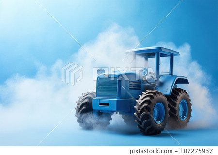 Blue background with toy tractor and copy space. It's a boy backdrop with empty space for text. Baby shower or birthday invitation, party. Baby boy birth announcement. Men's Day. Generative AI. 107275937