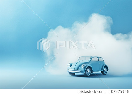 Blue background with toy car and copy space. It's a boy backdrop with empty space for text. Baby shower or birthday invitation, party. Baby boy birth announcement. Men's Day. Generative AI. 107275956