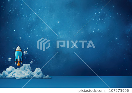 Blue background with space rocket and copy space. It's a boy backdrop with empty space for text. Baby shower or birthday invitation, party. Baby boy birth announcement. Men's Day. Generative AI. Blue background with space rocket and copy space. It's a boy backdrop with empty space for text. Baby shower or birthday invitation, party. Baby boy birth announcement. Men's Day. Generative AI. 107275996