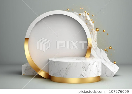 White and golden product presentation mock-up. Marble podium with copy space. Stage, display, showroom. Empty scene. Generative AI. 107276009