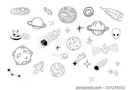 Set space elements ufo spaceship, rocket, satellite, stars and planets in doodle style isolated. Hand drawn collection Set space elements ufo spaceship, rocket, satellite, stars and planets in doodle style isolated. Hand drawn collection 107276352