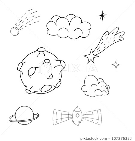Set planets space elements, stars, meteorite in doodle style. Galaxy icons, simple design 107276353