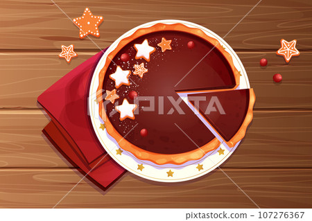 Christmas pie chocolate with slice decorated with gingerbread srats and cranberry top view on holiday plate on wooden table in cartoon style. Christmas pie chocolate with slice decorated with gingerbread srats and cranberry top view on holiday plate on wooden table in cartoon style. 107276367