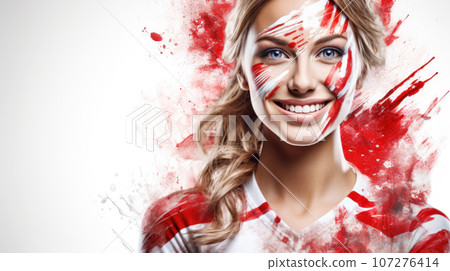 Face of young happy woman painted with flag of Poland or Austria. Football or soccer team fan, sport event, face art and patriotism concept. Studio shot at gray background, copy space 107276414