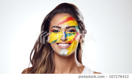 Young female with the flag of Brazil painted on her face on her way to a sporting event to show her support. 107276422