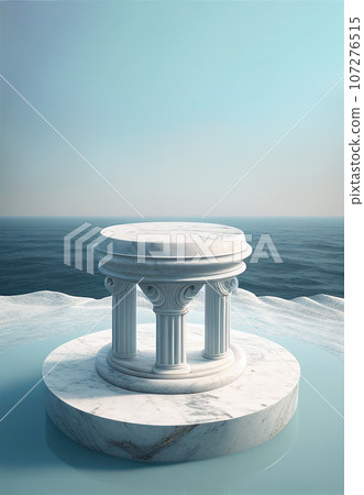 Product presentation mock-up with water and blue sky. Podium with copy space. Stage, display, showroom. Empty scene. Generative AI. 107276515