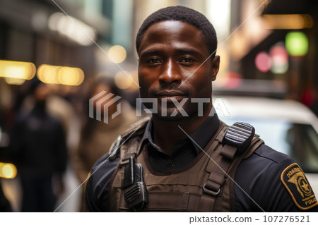 Portrait of attractive concentrated young black man police officer at city street. Police in the city. Portrait of attractive concentrated young black man police officer at city street. Police in the city. 107276521