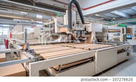 Workshop for the production of particle boards, manufacture of chipboard, veneer, plywood, wood panels. Wood processing. Woodworking industry concept 107276620