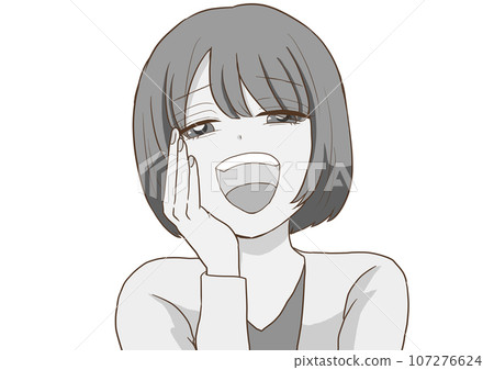 A woman looking down with a smug face, gray 107276624