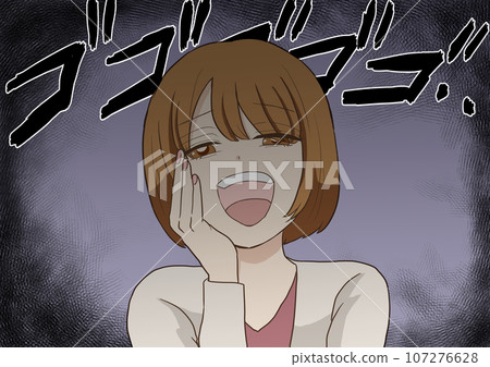 A woman looking down with a smug look, with background sound effects 107276628