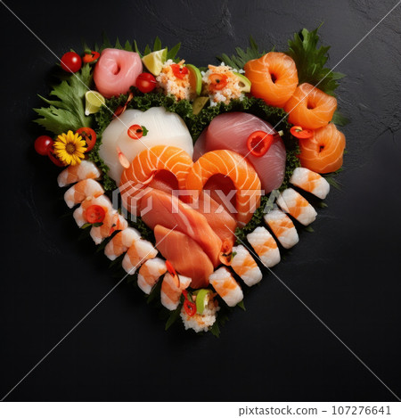 Heart shaped Valentine day sushi set. Classic sushi rolls, maki set for two, with two pairs of chopsticks for Valentine's dating dinner, on dark background 107276641