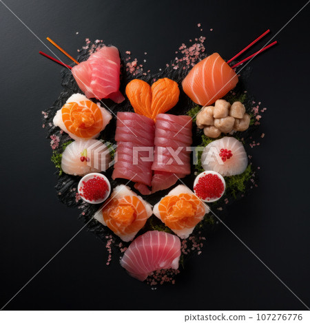 Heart shaped Valentine day sushi set. Classic sushi rolls, filadelfia, maki set for two, with two pairs of chopsticks for Valentines dating dinner, with rose flowers bouquet on dark background Heart shaped Valentine day sushi set. Classic sushi rolls, filadelfia, maki set for two, with two pairs of chopsticks for Valentines dating dinner, with rose flowers bouquet on dark background 107276776