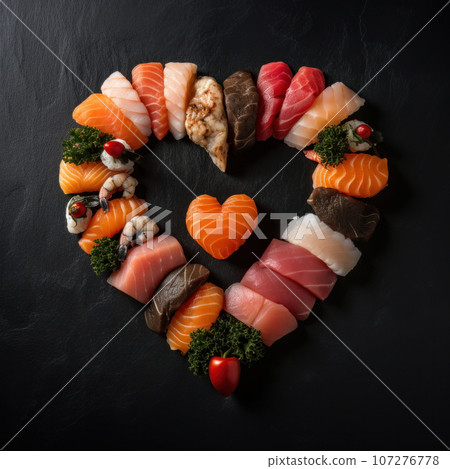Heart shaped Valentine day sushi set. Classic sushi rolls, filadelfia, maki set for two, with two pairs of chopsticks for Valentines dating dinner, with rose flowers bouquet on dark background 107276778