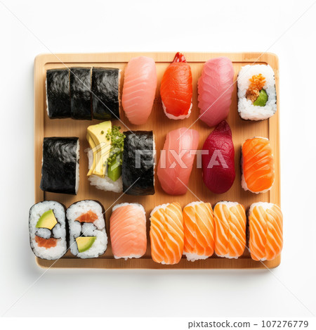Set Asian food sushi on wooden plate isolated on white background 107276779