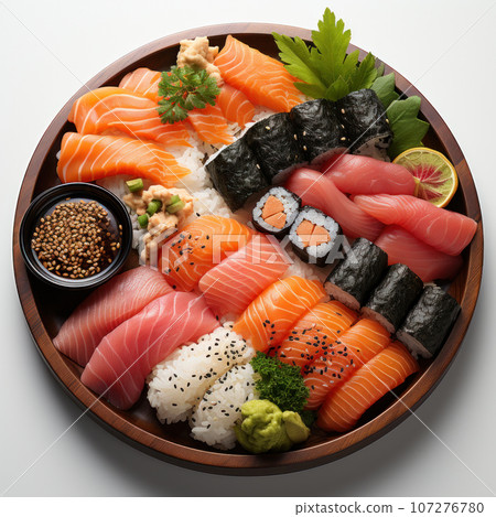 Japanese cuisine. Sushi set on wooden plate over dark stone background. 107276780