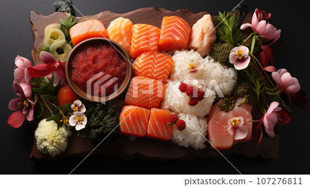 Japanese cuisine. Sushi set on wooden plate over dark stone background. Japanese cuisine. Sushi set on wooden plate over dark stone background. 107276811