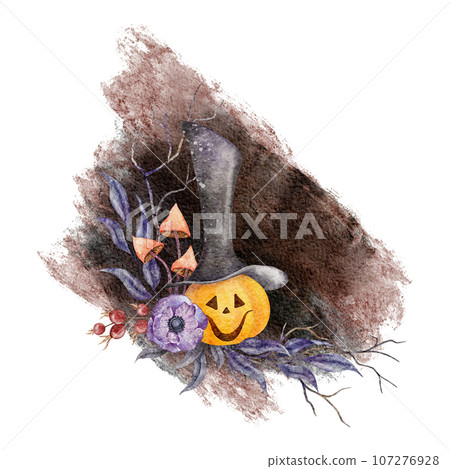 Scary Jack o Lantern pumpkin in long hat with paint strokes and splashes for halloween party. Wreath with branches with leaves, twigs, anemone and mushroom, Watercolor hand drawn holiday illustration. 107276928