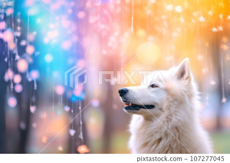 Close-up of cute dog with beautiful bokeh background, Generative AI illustration Close-up of cute dog with beautiful bokeh background, Generative AI illustration 107277045
