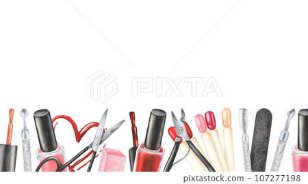 Blank business card for a beauty salon. Watercolor illustration. Hand-drawn and isolated on white background. Rectangular frame with space for text.Manicure supplies: nail polish, scissors, nail file Blank business card for a beauty salon. Watercolor illustration. Hand-drawn and isolated on white background. Rectangular frame with space for text.Manicure supplies: nail polish, scissors, nail file 107277198