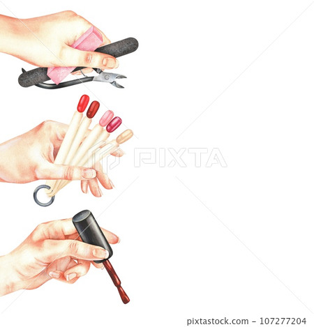 Square frame with space for text on the side. Hands with manicure tools, nail file, clipper, nail polish swatches. Watercolor illustration. Hand-drawn isolated on white background.Blank card,template 107277204