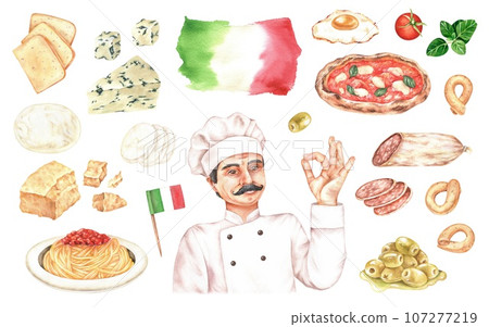Italian food and cook set. Watercolor illustration of chef with dishes isolated on a white background. Hand drawn clip art bundle national cuisine of italy. Drawing of pizza and spaghetti 107277219