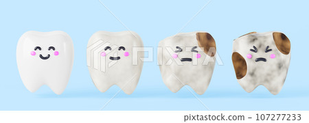 Clean and dirty teeth 3d render icon set. Dental calculus, plaque or decay, oral cavity health care. Happy smiling and sad with tooth pain cartoon kawaii characters on blue background. 3D illustration 107277233
