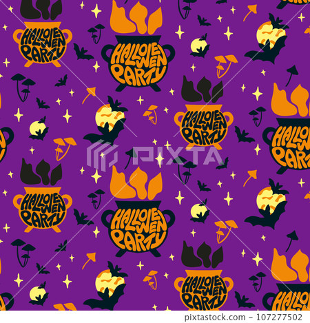 Halloween seamless pattern with groovy lettering 107277502