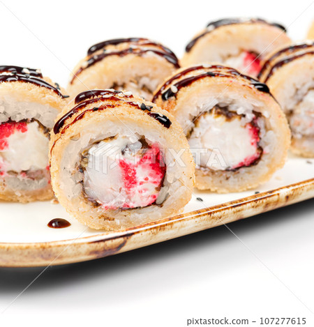 ROLL TEMPURA KAWAI. Deep fried japanese tempura roll with shrimp, masago ROLL TEMPURA KAWAI. Deep fried japanese tempura roll with shrimp, masago 107277615