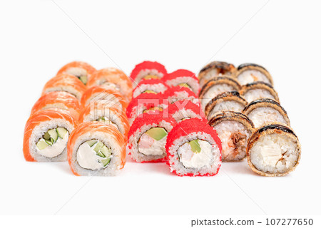 Assorted Japanese sushi roll set. sushi rolls set close up selective focus. 107277650