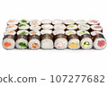 Japanese food restaurant, sushi maki on white background. 107277682