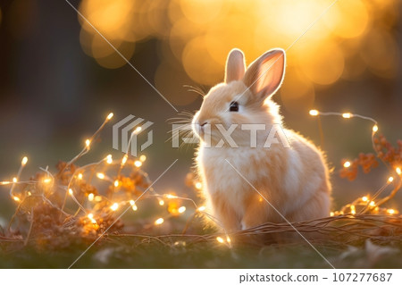 Close-up of cute rabbit with beautiful bokeh background, Generative AI illustration Close-up of cute rabbit with beautiful bokeh background, Generative AI illustration 107277687
