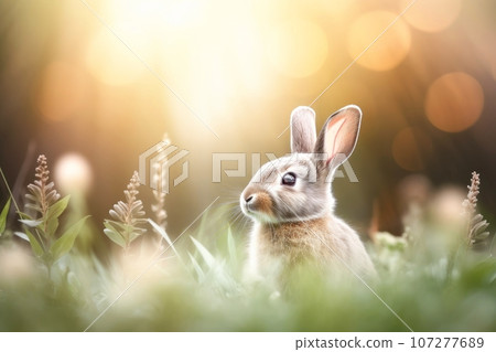 Close-up of cute rabbit with beautiful bokeh background, Generative AI illustration Close-up of cute rabbit with beautiful bokeh background, Generative AI illustration 107277689