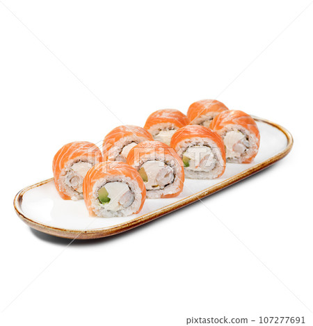 Philly Roll Sushi white Rice, nori, cheese, avocado, shrimp, salmon Philly Roll Sushi white Rice, nori, cheese, avocado, shrimp, salmon 107277691