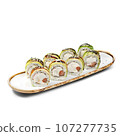 asian food - sushi roll with eel on plate on white background. 107277735