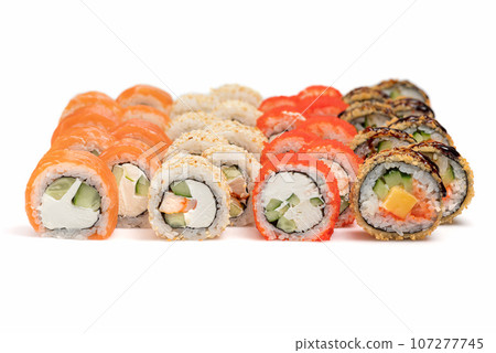 Assorted Japanese sushi roll set. sushi rolls set close up selective focus. 107277745