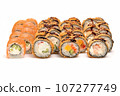 Assorted Japanese sushi roll set. sushi rolls set close up selective focus. 107277749