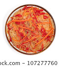 Funchoza with vegetables on a white background, copy space. Buckwheat noodles. 107277760