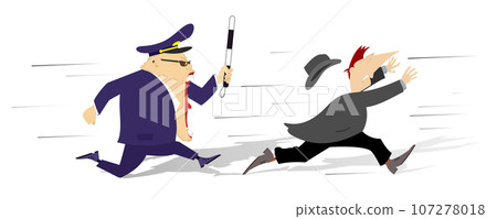 Angry police officer running after man. Male police officer with handcuffs and baton trying to catch up a man Angry police officer running after man. Male police officer with handcuffs and baton trying to catch up a man 107278018
