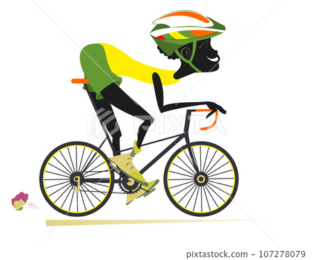 Cycling. Young African man rides a bike. Cartoon smiling African man in helmet rides a bike. Isolated on white background Cycling. Young African man rides a bike. Cartoon smiling African man in helmet rides a bike. Isolated on white background 107278079
