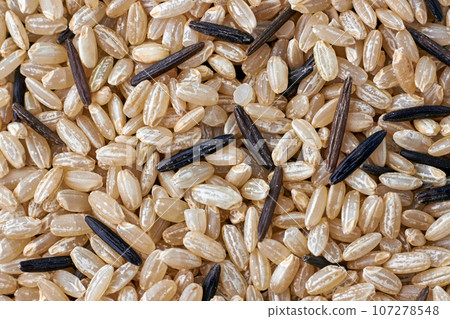 Background of scattered brown and black wild rice. Backdrop for layout and design Background of scattered brown and black wild rice. Backdrop for layout and design 107278548